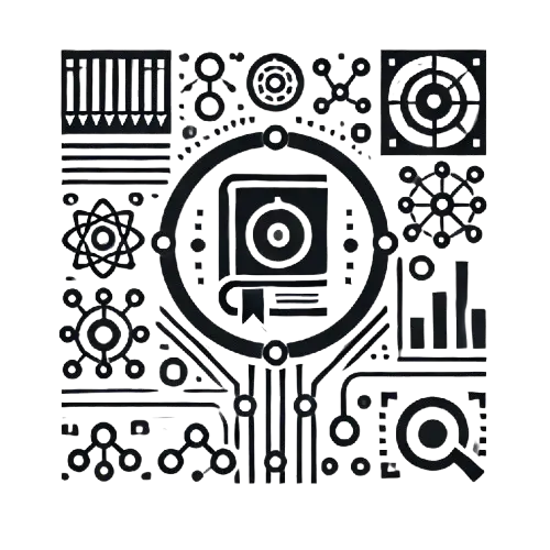 Icône en noir et blanc, au style moderne et futuriste, représentant la gestion de projets éducatifs avec des symboles de livre et de réseau.