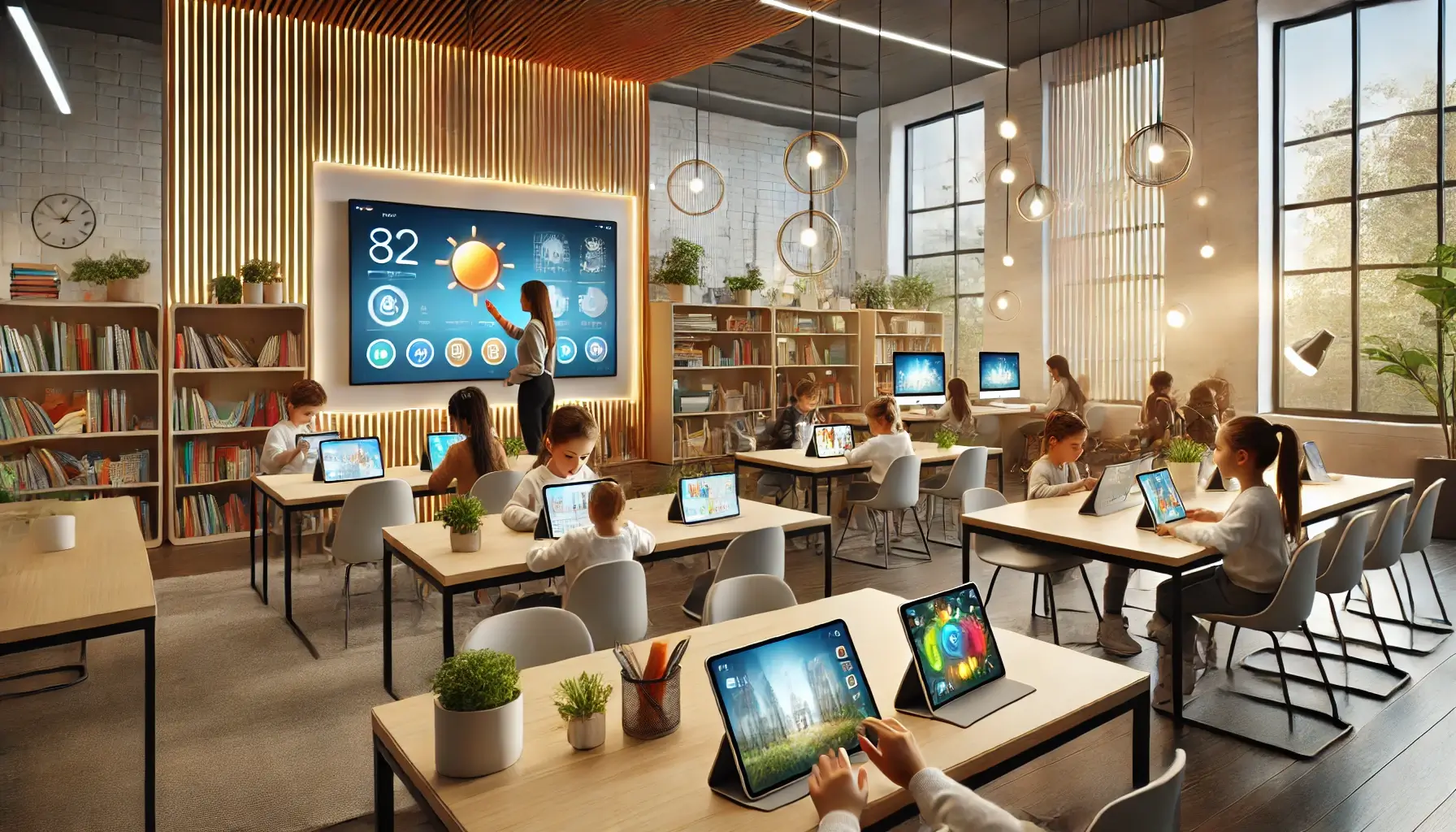 Salle de classe moderne en éducation spécialisée, avec des enfants utilisant des tablettes éducatives, des écrans interactifs et des outils de réalité augmentée, accompagnés par un enseignant.